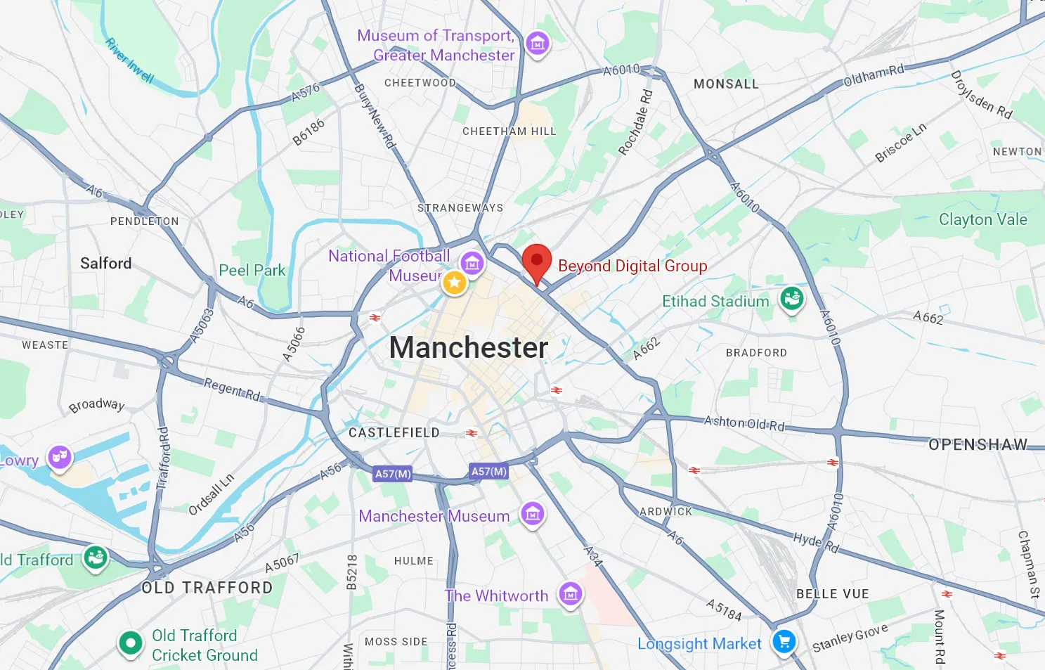 Map showing the location of Beyond Digital Group in Manchester, U.K.