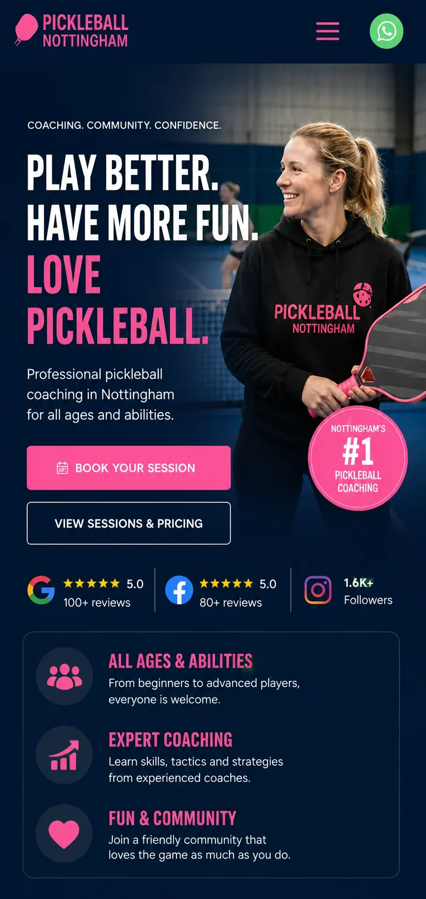 Pickleball club mobile website design